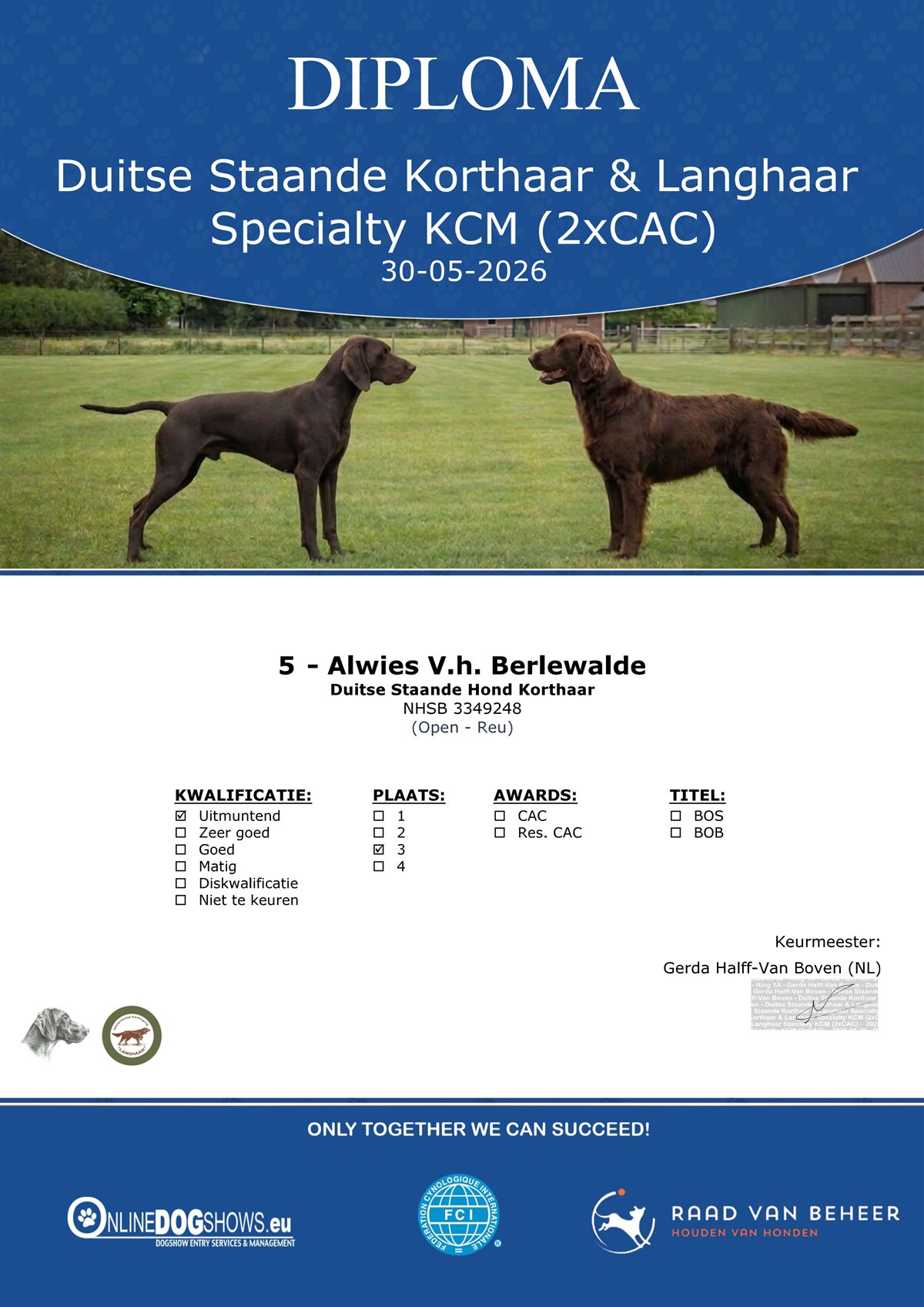 Diploma Duitse Staande Korthaar & Langhaar Specialty KCM 30-05-2026